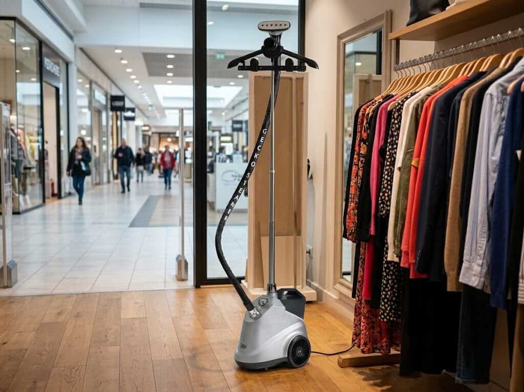 Professionele Gecko-Steamer LM58 kledingstomer in gebruik in een winkel